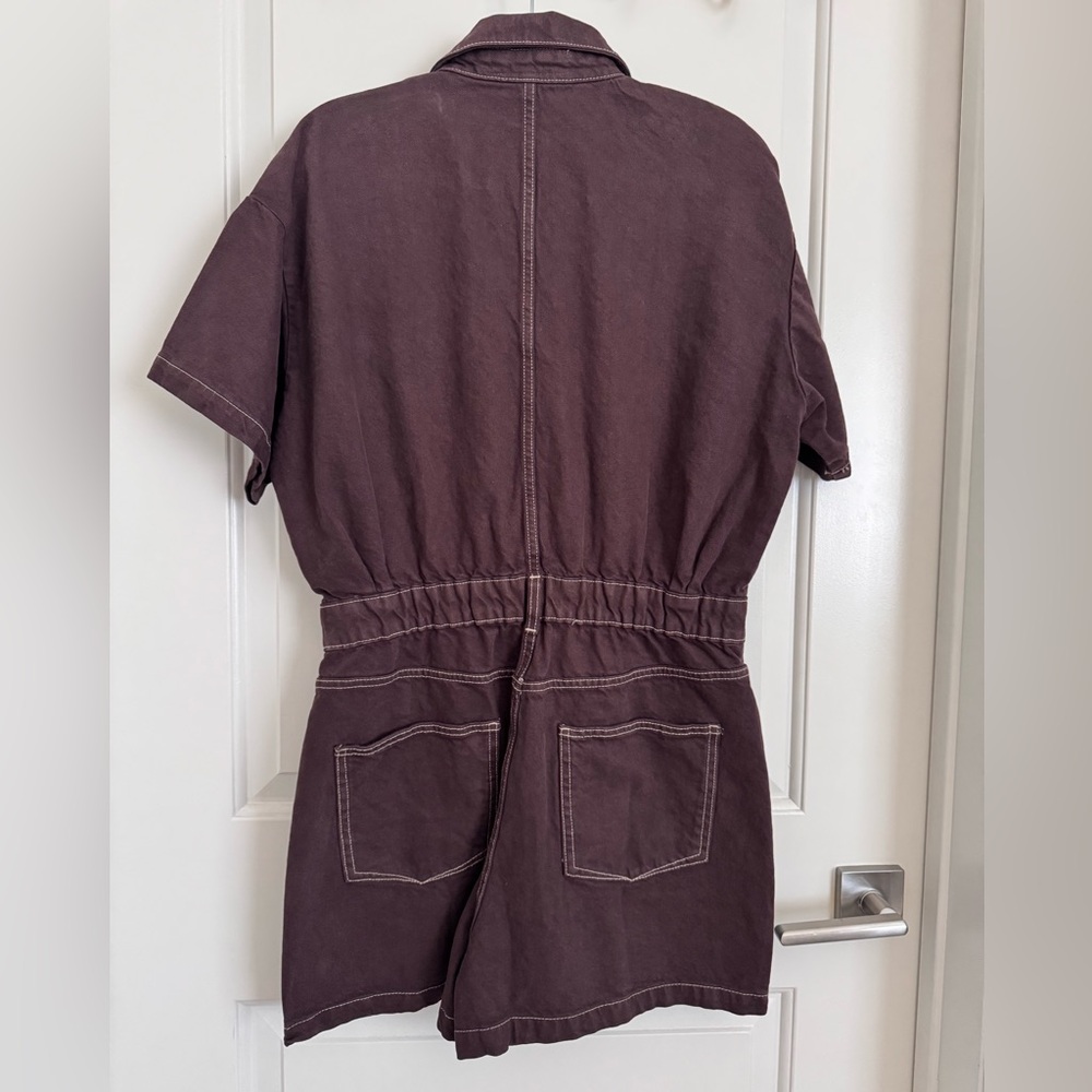 Brown Short Sleeve Denim Jumpsuit - Picture 4 of 4